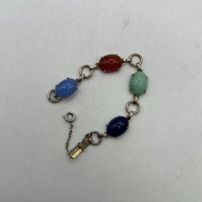 Vtg Multicolor Gemstone Scarab Bracelet Chain Link Jewelry Accessory Egyptian