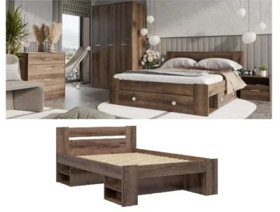 BRW King Size Bed Frame Shelves Storage Headboard Dark Oak Euro 160cm Slats Nepo