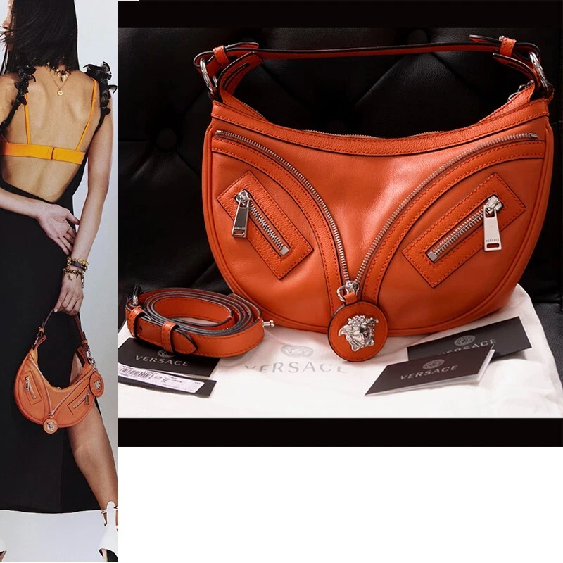Versace — NEW VERSACE $1995 Orange Leather RUNWAY REPEAT HOBO Small BAG & CROSSBODY STRAP