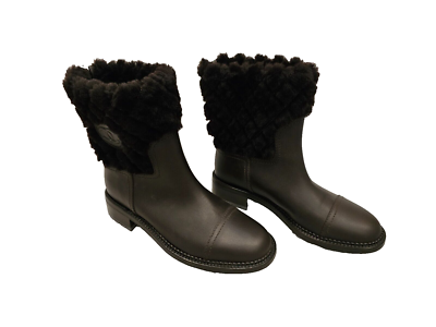 CHANEL Brown Leather & Black Shearling Rain Boot with Lug Soles