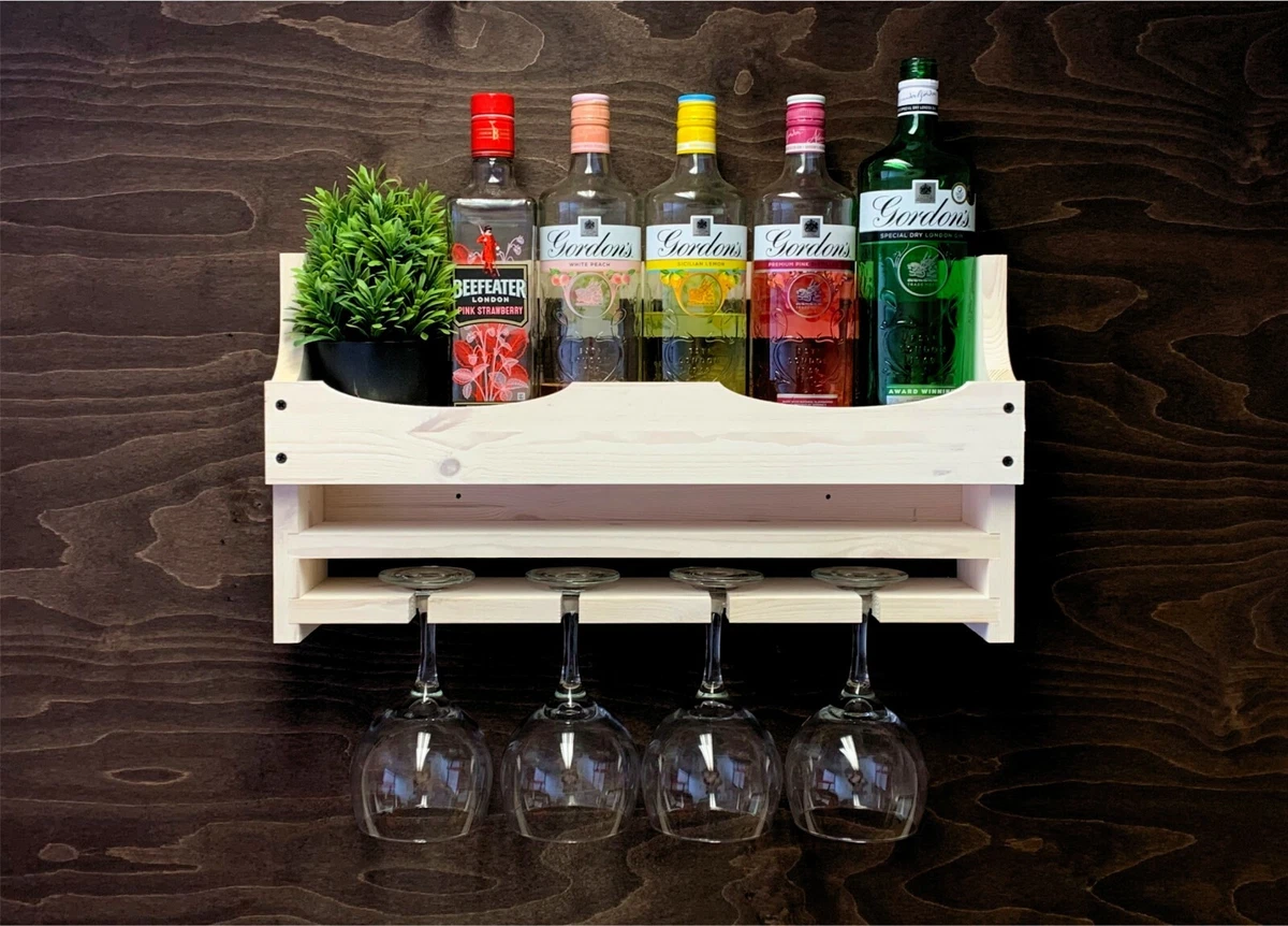 Gin Bar Shelf Wine Rack Bottle 4 Gin Glass Holder Shabby Chic Garden 4GSC EM