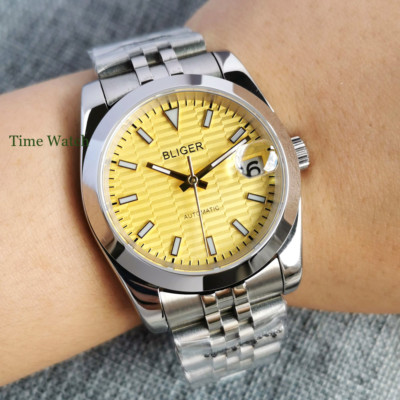 39mm/36mm NH35 Mens Automatic Watch Sapphire Date Blue/White/Yellow Jubilee Band