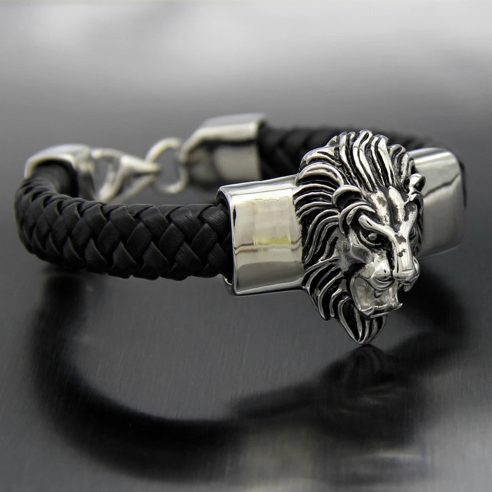 Pulseira masculina de couro genuíno preta cabeça de leão de aço inoxidável pesado motociclista - Imagem 4 de 4