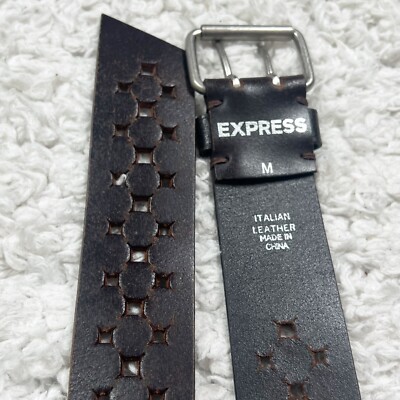 Express Vintage Perforated Brown Leather Belt Silver Buckle 
