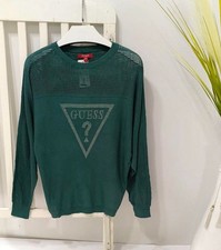 Green Guess Mesh Style Knitted Sweater Top Crystal Logo Long Sleeved Size XS