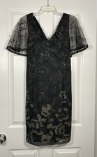 Adrianna Papell Cocktail Dress Black/Gold Overlay Women's 12 Cape Sleeves V-Neck