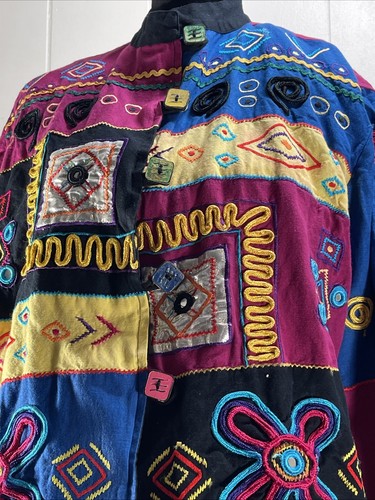 Allure 90s Embroidered Blazer Jacket Art-to-Wear Art Deco Boho Colorful Fairy - Picture 2 of 20