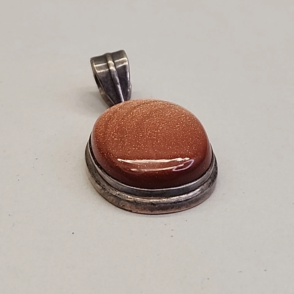 Goldstone Pendant 925 Sterling Silver Peach Oval Glass Bezel Set 1.75" - Image 3 of 4