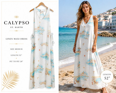 Calypso St Barth Linen Maxi Dress M Coastal Resort Mediterranean Print Tie Sides