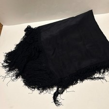 Antique Solid Black Victorian Mourning Scarf Silk Piano Shawl Wrap Fringe 50x56"