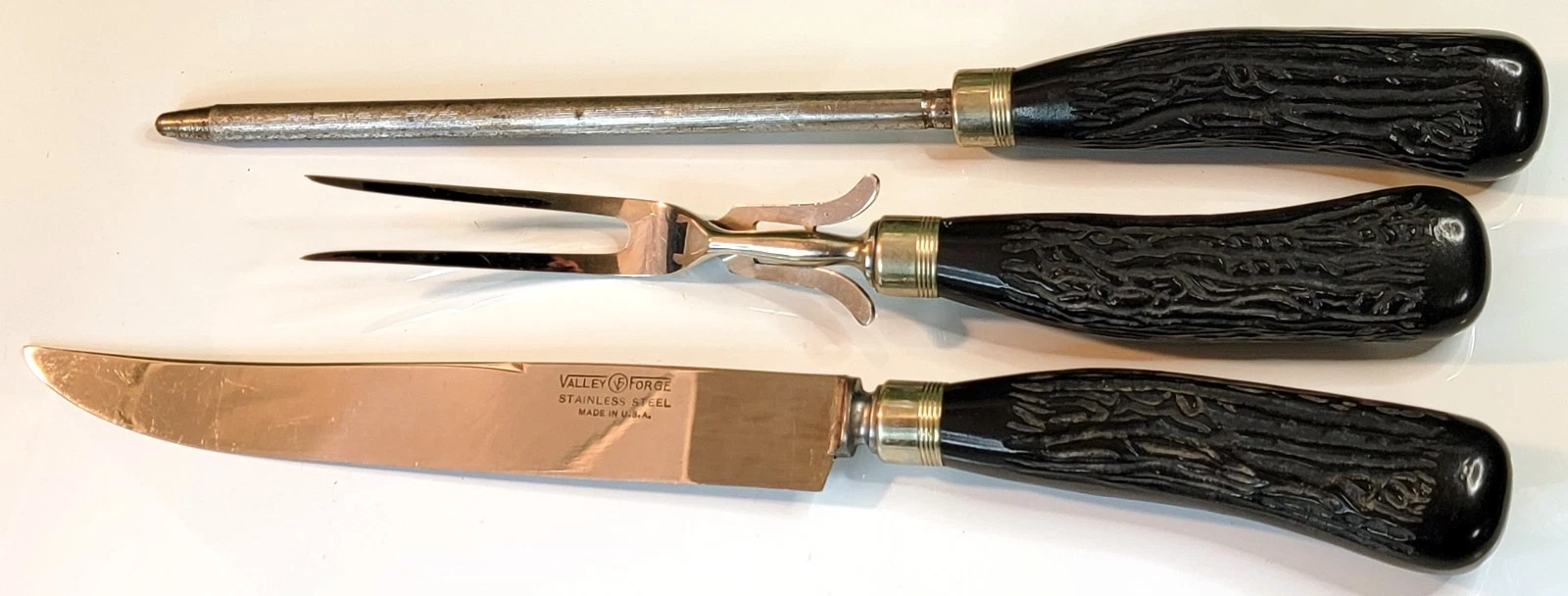 Vtg Valley Forge 3 pc Stainless Steel Knife Fork Carving Set Sharpening Rod USA