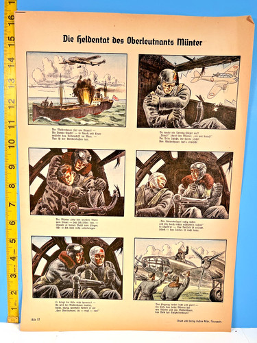 WWII German Newspaper Color Prints The Heroic Deed of First Lieutenant Munter