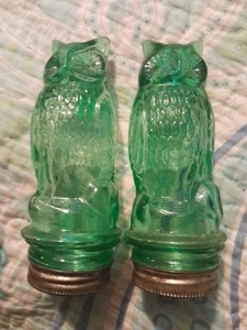 Pair Of Green Glass Stamnding Owl Jars 5 Inches Tall Vintage