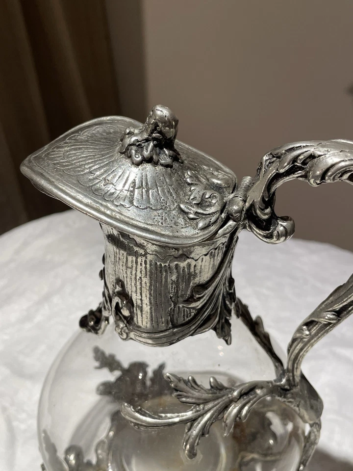Aiguière Carafe Argent 925 Et Verre Souffler Ancienne 900 Gr - Photo 3/4