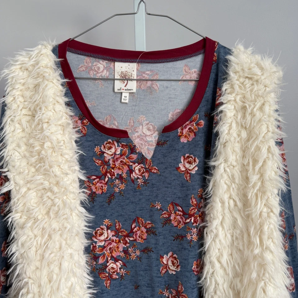 Autoestima 1X Colete de Pele Sintética Estampa Floral Manga Longa Top Azul Borgonha NOVO - Imagem 2 de 4