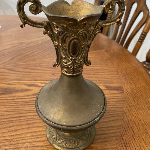 Vintage Ornate Brass And Other Metal Vase Cast Iron Weight 9” Tall 4” Wide