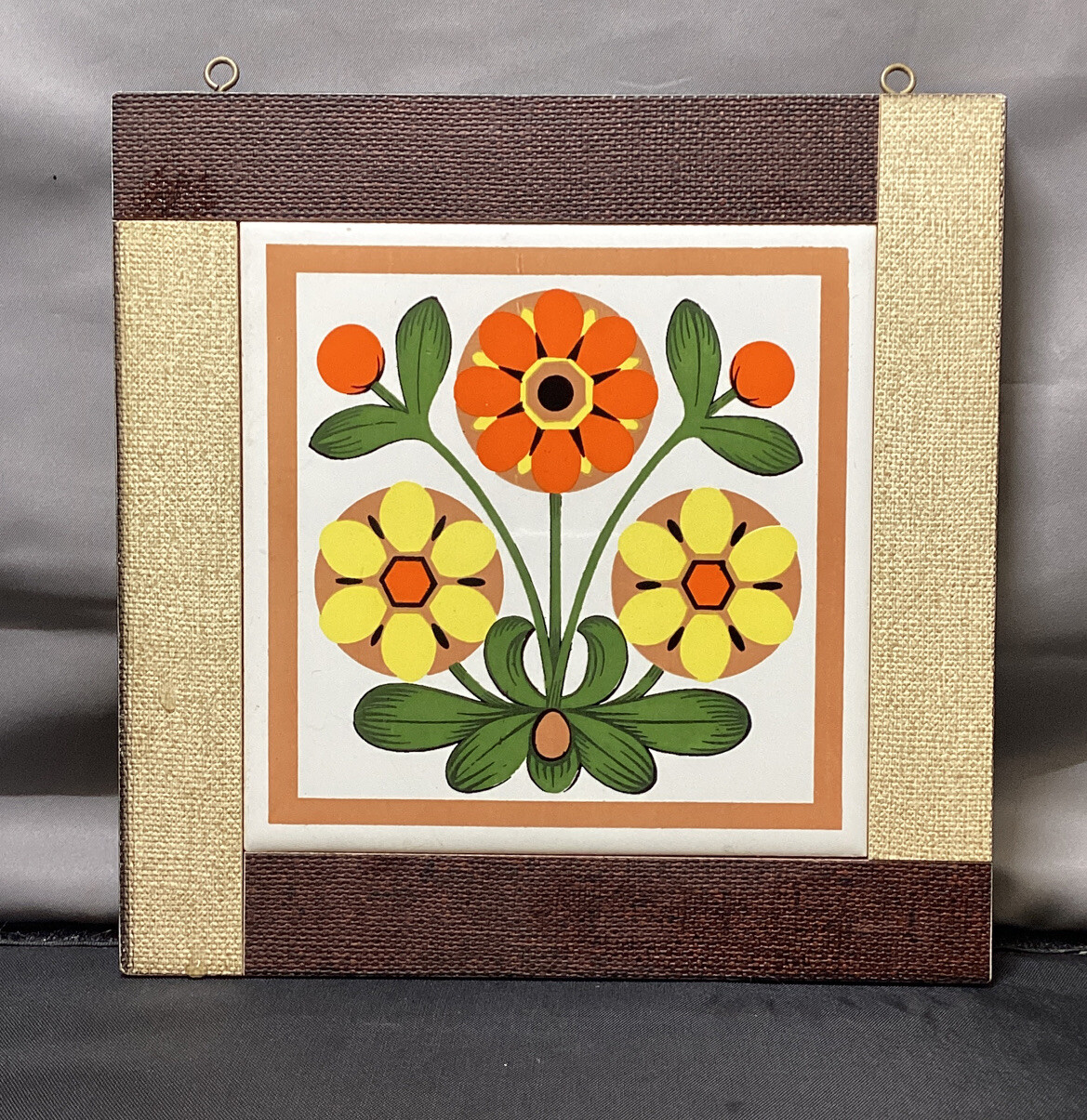 60's Bright Flowers Trivet Tile Hot Plate Wall Hanging Decor Vintage, MCM