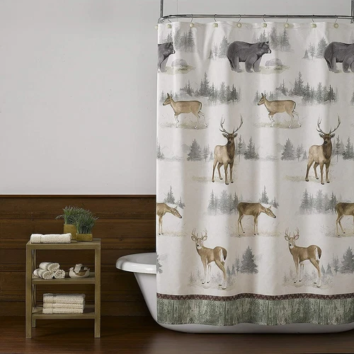 Cabin Pine Wildlife Lodge Forest Fabric Shower Curtain, Modern Rustic,70"x72-NEW
