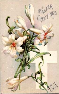 c1905 Easter Religious Postcard Embossed Easter Greetings Large With Lily Cross