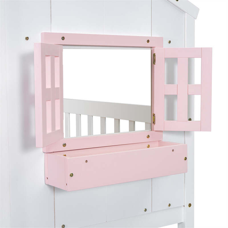 Twin over Twin House Bunk Bed with Roof,Window,Storage Box,Door for Kids Gifts