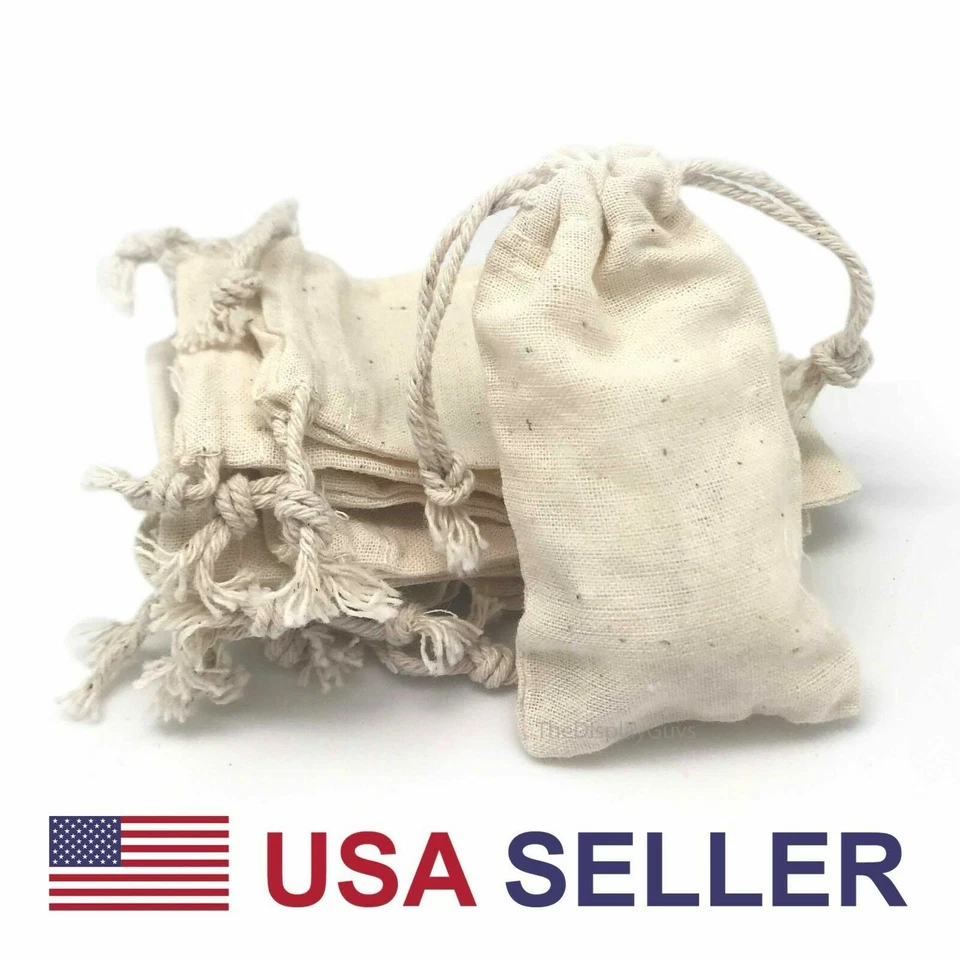 Multi-purpose Natural Cotton Muslin Drawstring Reusable Bags w Variety of Sizes - Image 3 of 4