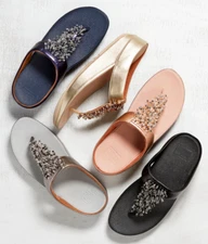 FitFlop Womens Sandal RUMBA Beaded Metallic Toe Post Thong Wedge 5 Colors NEW