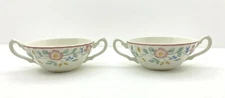 2 Bowls  Made in England Double Handled Soup Bowls Pink/Blue Flowers Pink Trim  