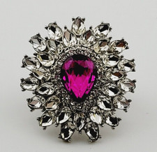 Silver Tone Tear Drop Fuchsia Stone  Rhinestone Stretch Ring 1.75" Tall