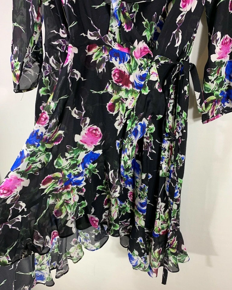 NUEVO MILLY Audrey Vestido Floral Seda Envolvente en Negro/Multi - Talla 10 #D2634 Foto 4 de 4