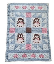 VTG Baby Crib Blanket Handmade Quilt Teddy Bears Hearts 36 x 40 1970s FLAWS
