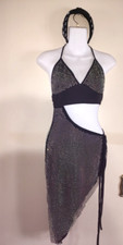 2 pc Women Sexy Rhinestone Party Black Mesh Dress Size S & Rhinestones Head Band