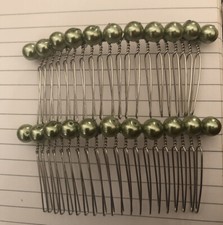 Two 2 Antique Green Czech Pearl Silver Metal Hair Combs