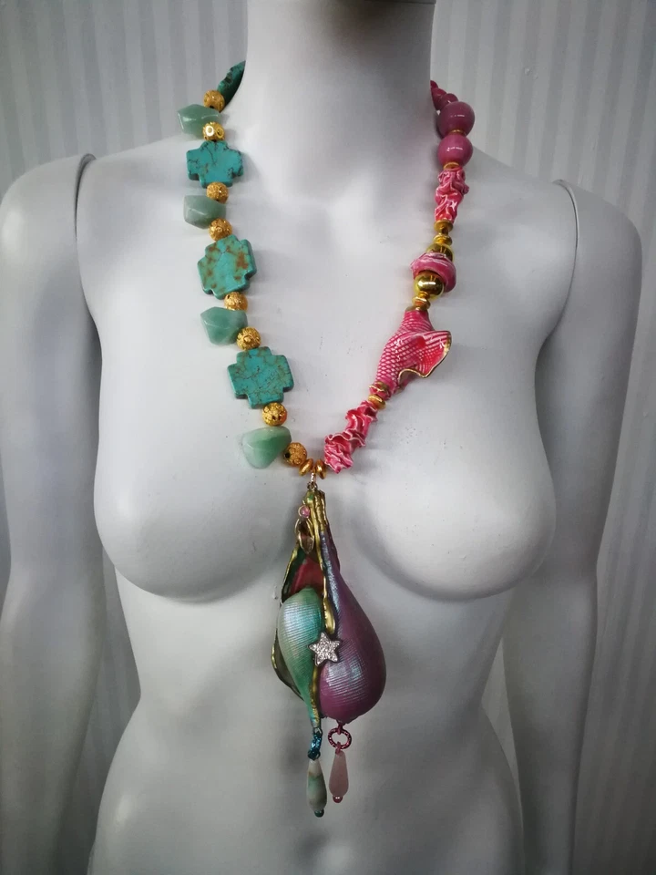 Collar Puka Shell Piedra Turquesa Joyería de Lujo Nautilus Colgante Concha Marina Babero Foto 3 de 4