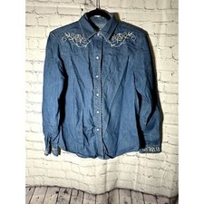 CAMISA VAQUERA LOCA DAMAS DENIM MANGA LARGA BORDADA BOTÓN DELANTERO (M) USADA EN EXCELENTE ESTADO GE