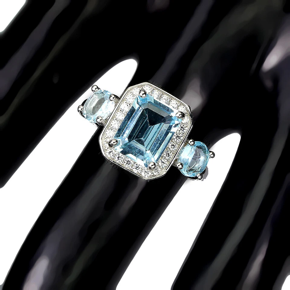925 Anello Argento Sterling Ottagono Topazio Blu 9x7mm Gemma Gioielli Misura 6 - Immagine 3 di 4