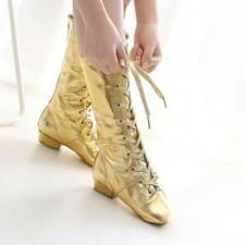 Gold Sliver Women's Flat Lace up Mid-calf Boots Casual Dance Show Dance Shoes