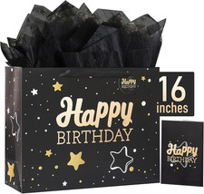16" Black Happy Birthday Gift Bag with Tissue Paper and Greeting Card for Party,