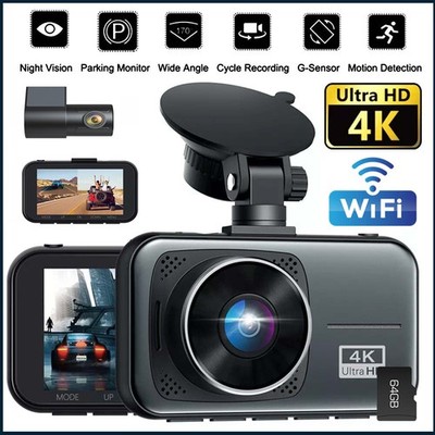 Lamtto 4K WiFi Dual Dash Cam Front and Rear Car DVR Recorder Camera w/ 64GB