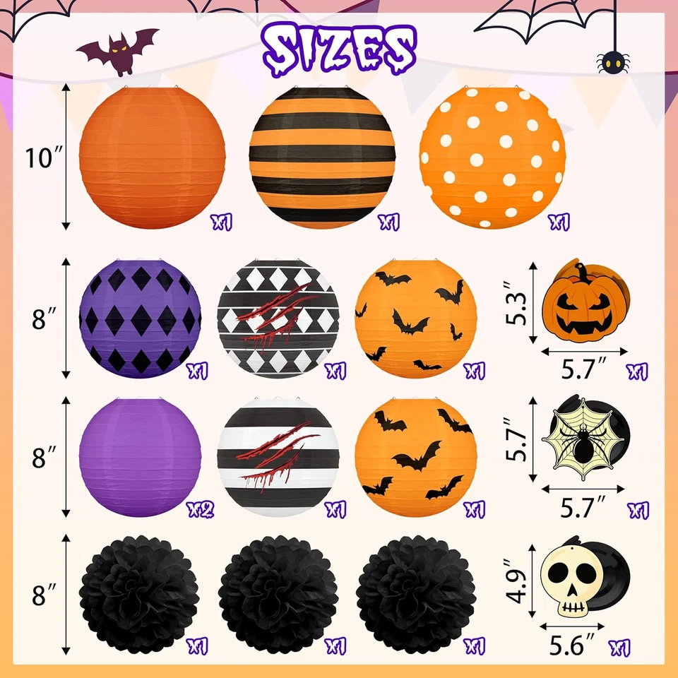  16 piezas decoraciones de Halloween linternas de papel pompones remolinos colgantes - diciembre aterrador Foto 3 de 4