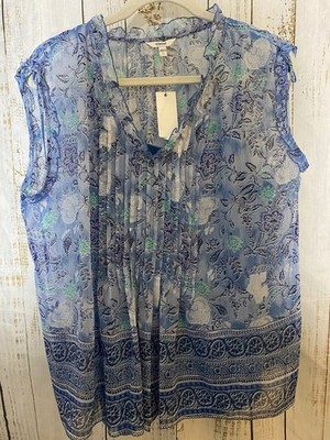 Blue Top L Sonoma Sheer Sleeveless Floral Geometric  Solid Blue Cami Ruffle