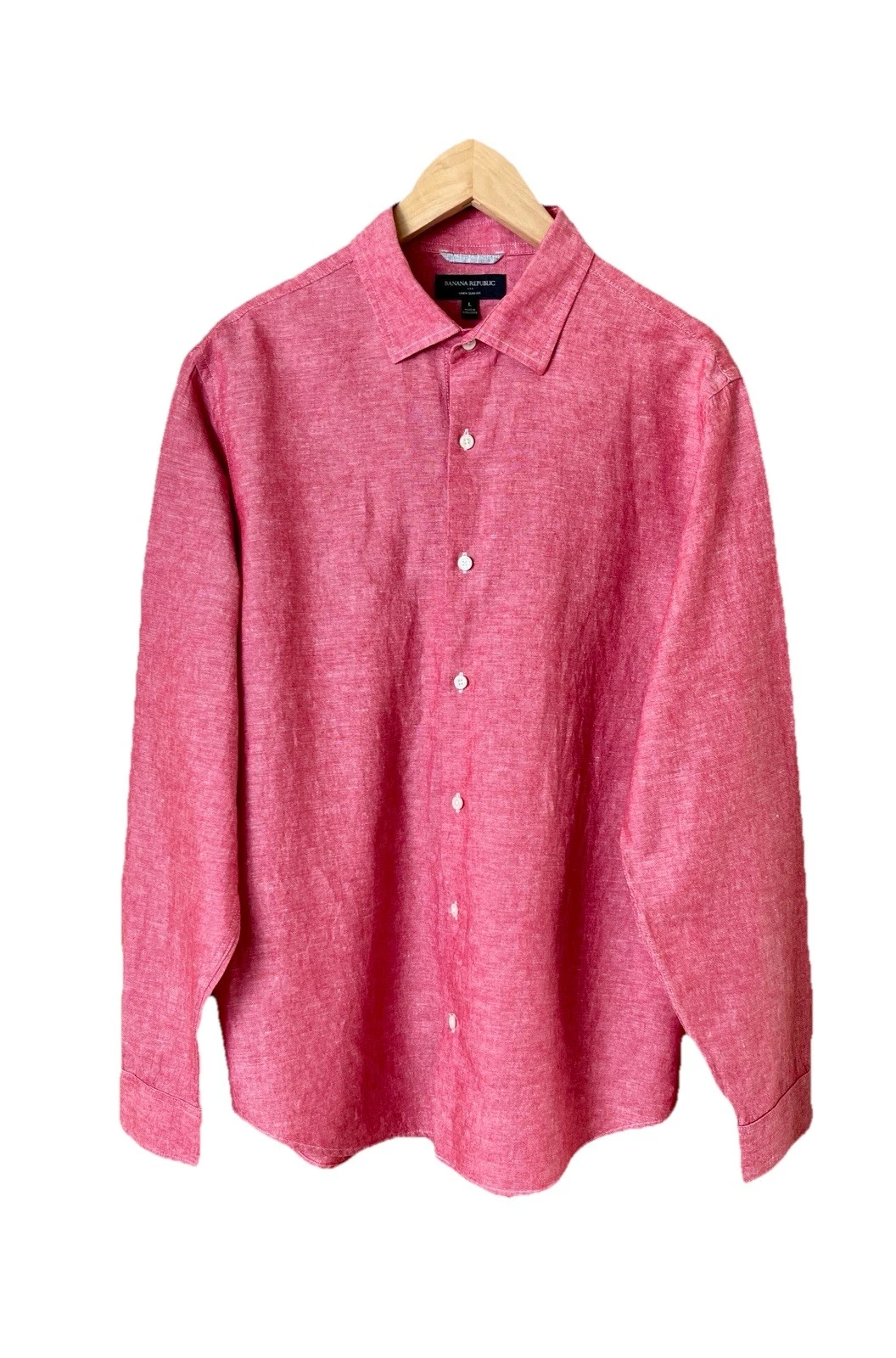 BANANA REPUBLIC Shirt Mens Large Slim Fit Red Pink Linen Blend Casual Button Up