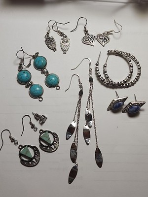 Assorted Lot 7  Silvertone Pierced Earrings  Unbranded Owl Heart Hoop Dangle 