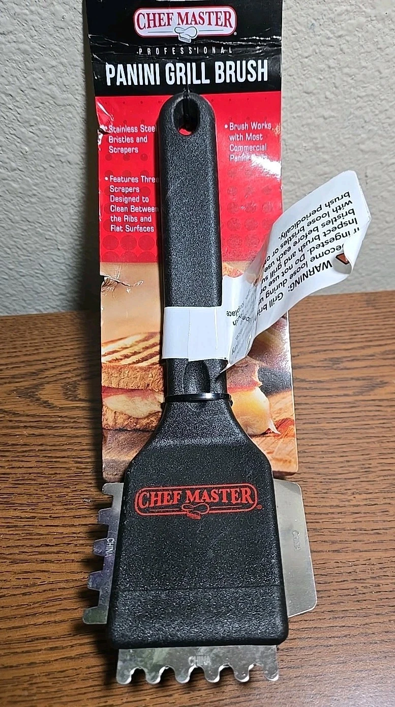 Chef Master Stainless Steel Panini Grill Brush with Scraper with Black Handle -