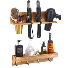 Wall Mount Hair Tool Organizer, Set of 2 Wooden Dryer Holder Rack, 4 Hooks