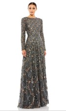 Mac Duggal Charcoal Gray Embellished Illusion Long Sleeve Gown Size 14 698