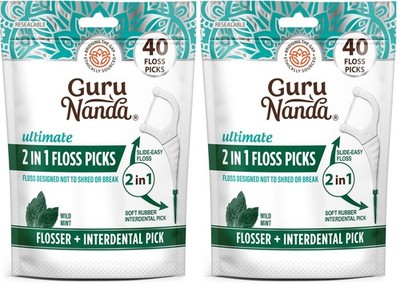 GuruNanda 2 in 1 Dental Floss Picks - Non-Slip 40 Count (Pack of 2), White