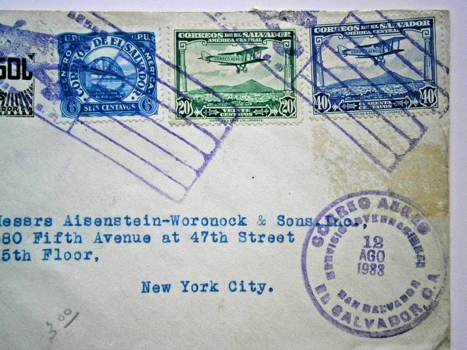 Cubierta de correo aéreo EL SALVADOR 1933 de El Salvador - Ciudad de Nueva York con cancelación de dos aviones Foto 3 de 4