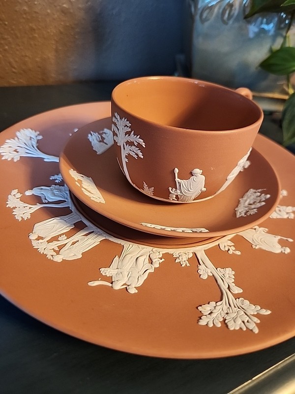 Wedgwood Terra Cotta Jasperware Teacup, Saucer And Plate EUC Stamped 1957