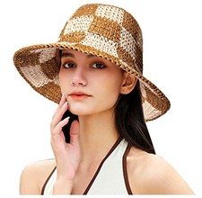 Sun Hats Checkerboard Straw Bucket Hat for Women Packable One Size Beige