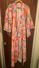 Vintage Made in Japan Pink Floral Kimono Robe Chrysanthemum Full Length